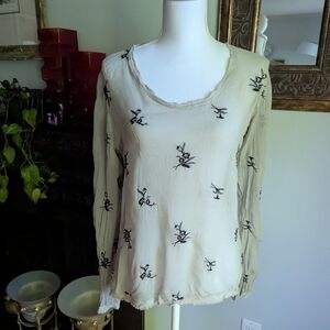 Ohm Designer Women's Large Sheer Silk Long Sleeve Blouse Floral Embroidery